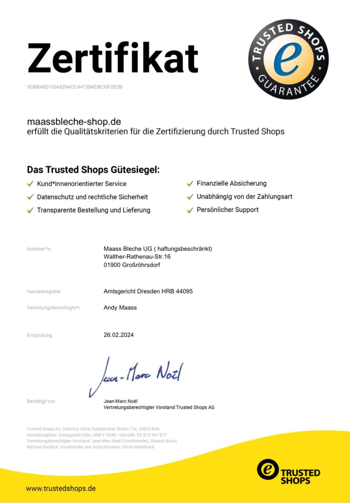 Trusted shop Certificate