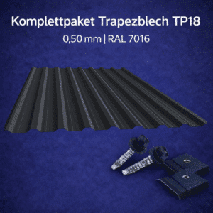 Komplettpaket Trapezblech TP18 0,50 mm in RAL 7016 mit Schrauben und Kalotten, Längen 2,00 m, 2,50 m und 3,00 m