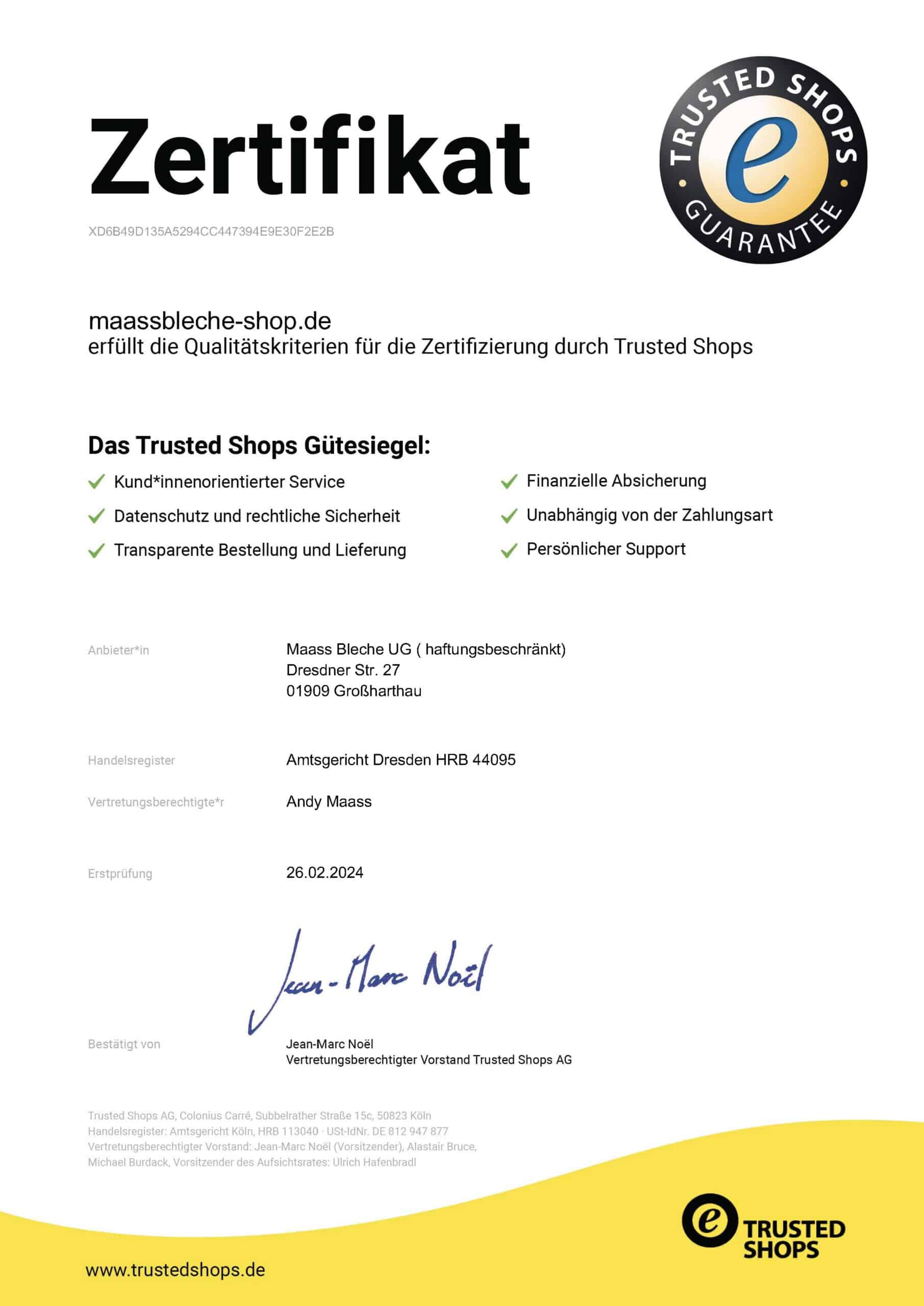 Trusted Shops Gütesiegel Maass Bleche sicher online kaufen