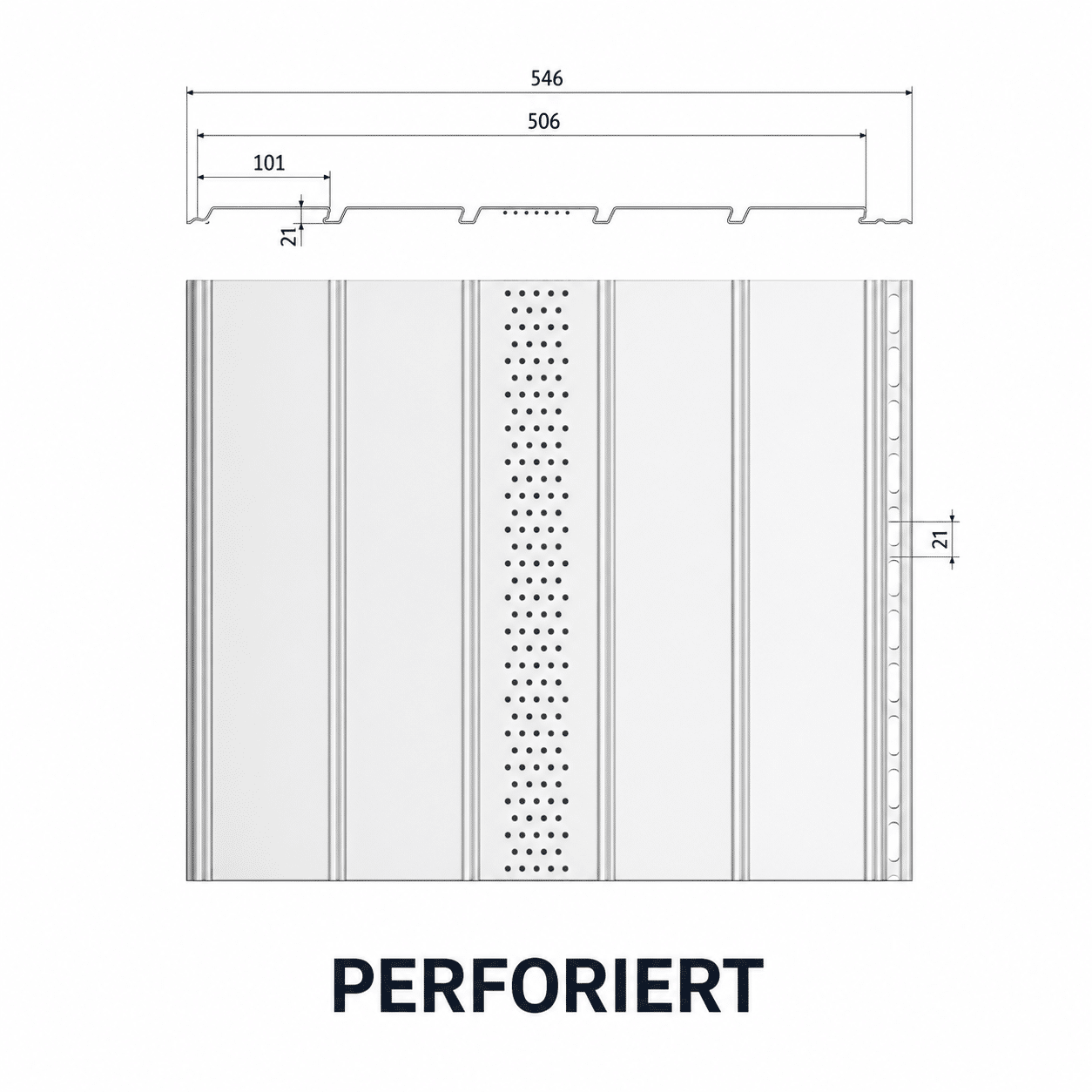 Technische Zeichnung Dachuntersicht Panel perforiert mit Maßen 506 mm Deckbreite