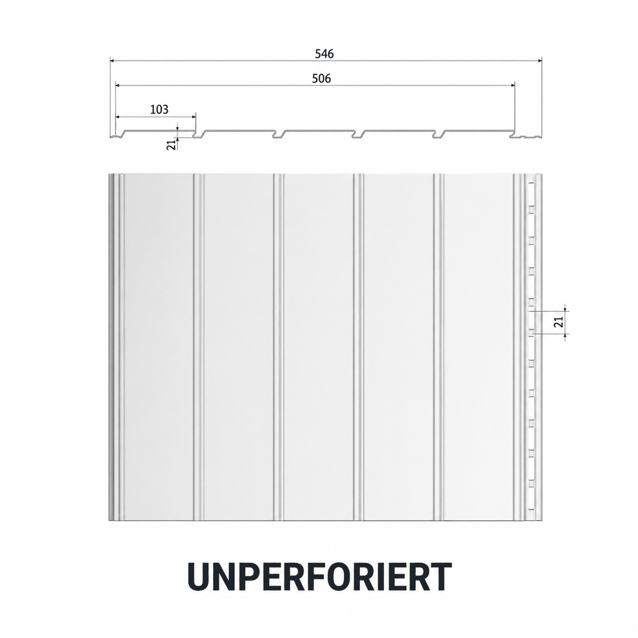 Technische Zeichnung Dachuntersicht Panel unperforiert mit Maßen 506 mm Deckbreite